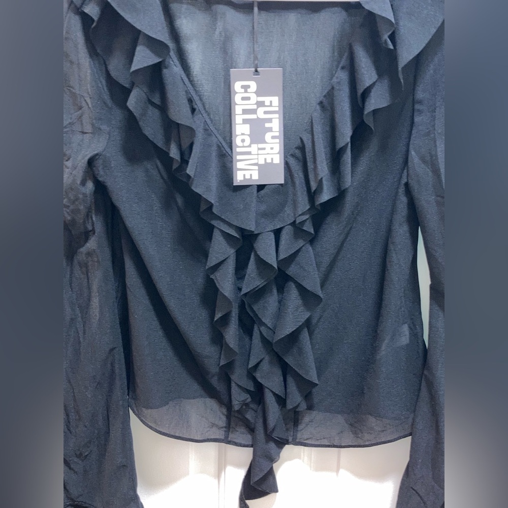 Future Collective Women's Ruffle Long Sleeve V Neck Blouse Black sheer Size S - Picture 3 of 4